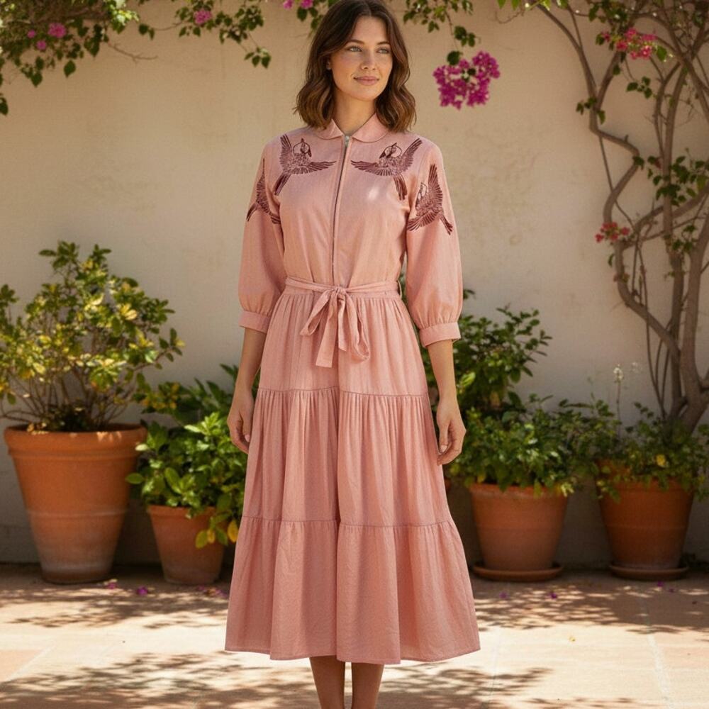 TALLULAH & HOPE Bird Embroidered Dress Waist-tie Peach Women's 6